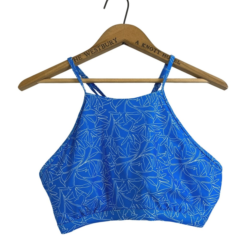 Prana Lahari High Neck‎ Bikini Top Blue Tropical Leaf Print XL Recycled Nylon
